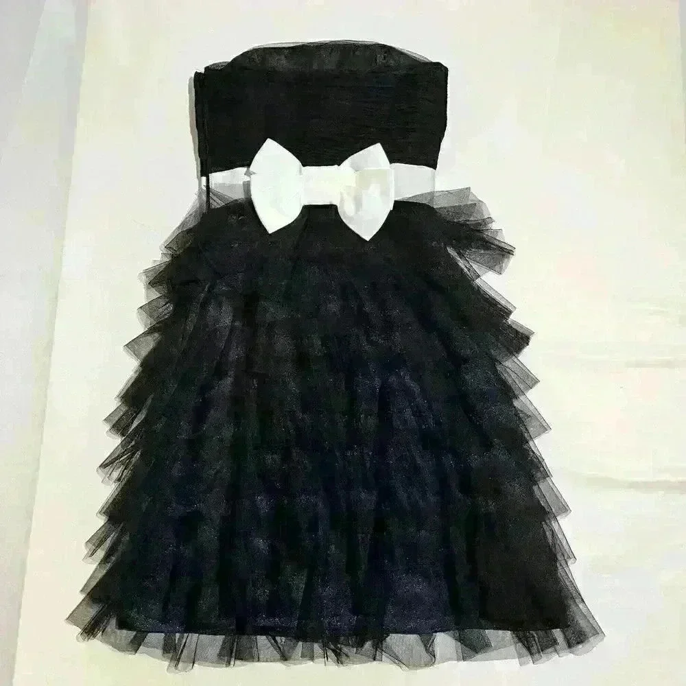 Vintage Betsey Johnson Black Strapless Corset Dress Tulle Ruffle Mesh Bow Size 0